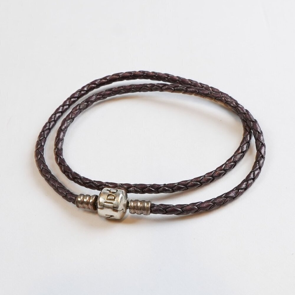 Pandora Deep Purple Leather Double Wrap Bracelet Sterling Silver Clasp